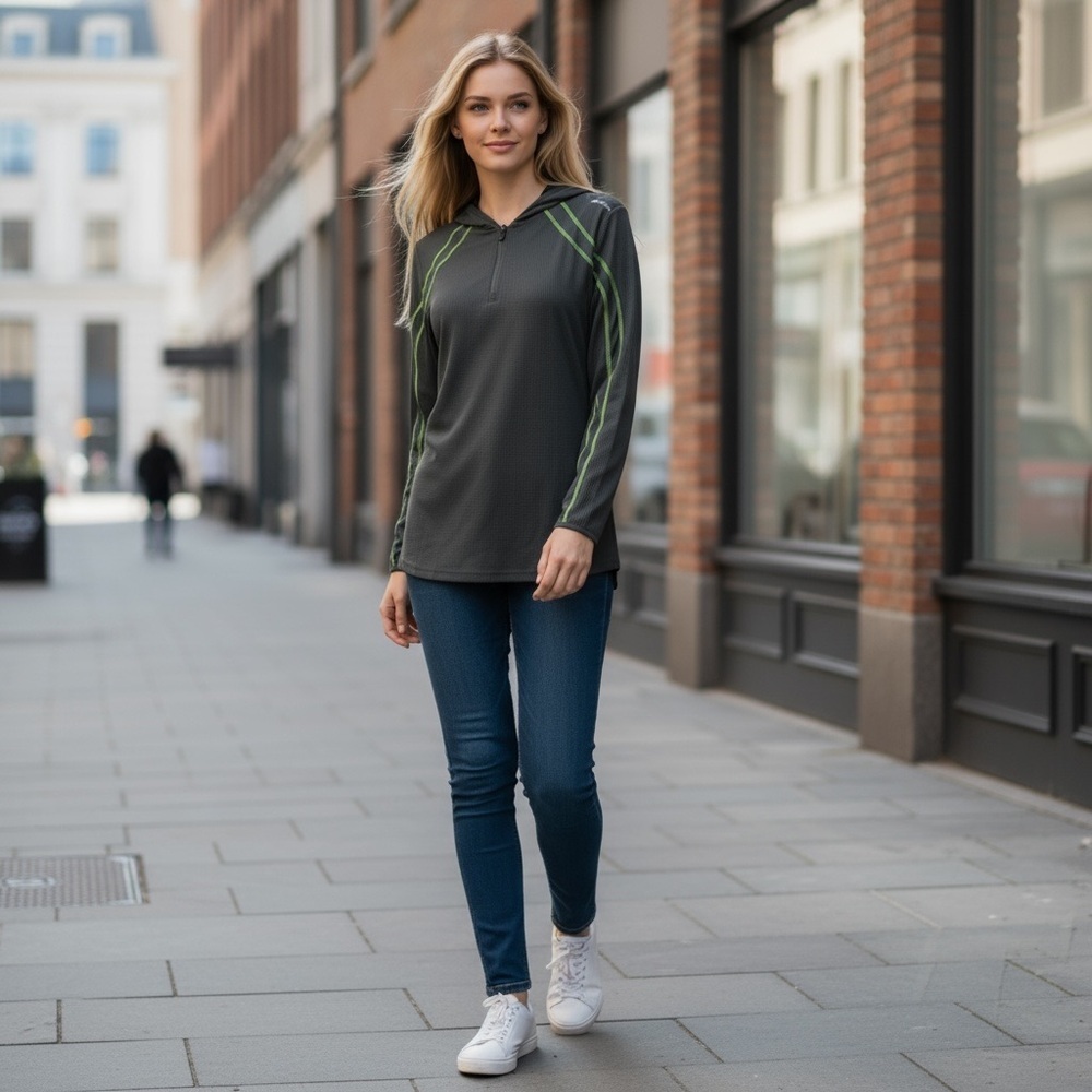 Women’s Charcoal Hooded Pullover with Green Accents